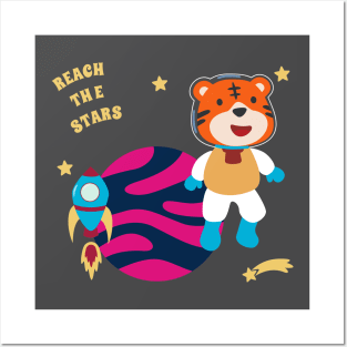 Space tiger or astronaut in a space suit with cartoon style. Posters and Art
